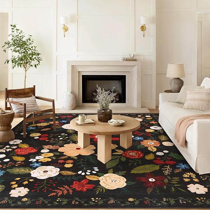 U'Artlines 8x10ft Vintage Floral Area Rug Machine Washable Ultra Soft Low Pile Non Slip Non Shedding Accent Floor Carpet for Living Room, Bedroom, Dining Room, Office (Black Green)