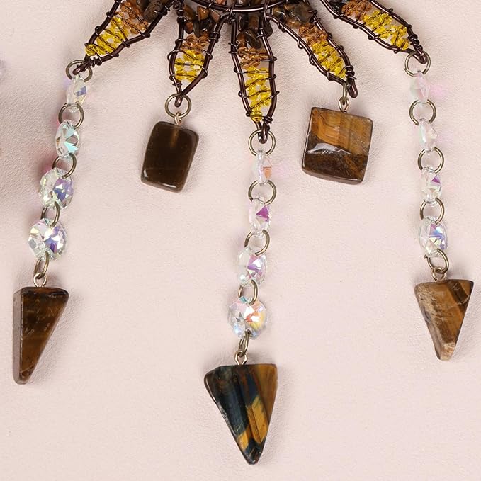 Mini Sun Catcher Dream Catcher – Handmade Sunburst Wall Hanging with Tiger Eye Stones & Crystal Beads for Window Decor, Bedroom, Meditation Space or Gift