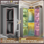 Corner Closet System with 2 Motion Sensor Lights, 39.2" Corner Closet Organizer with 12 Shelves, Closet Corner with 2 Hanging Rods, Versatile 6-Tier Walk-in Closets for Corner Space, Grey