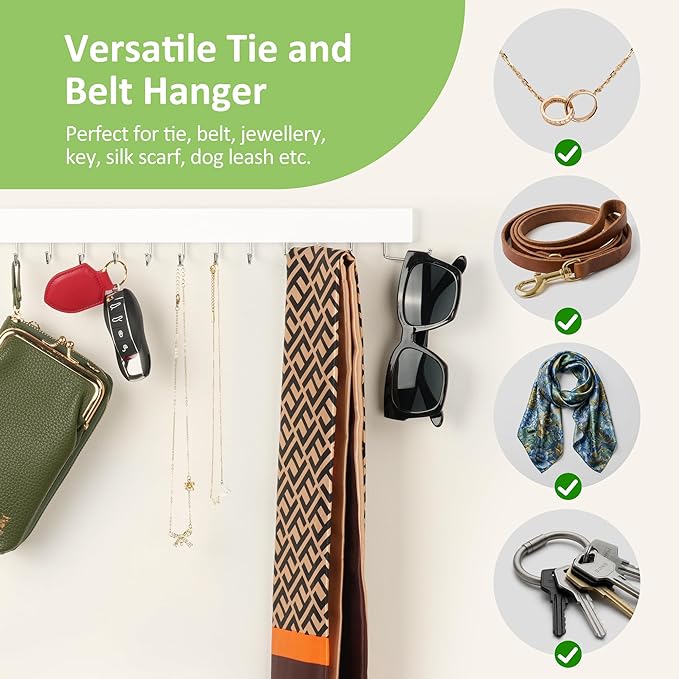 2 Pack Tie Rack Wall Mounted Belt Organizer for Men, Wooden Tie Hanger for Wall Closet with 24 Non-Slip Rotating Hooks Necktie Storage Space Saving, White