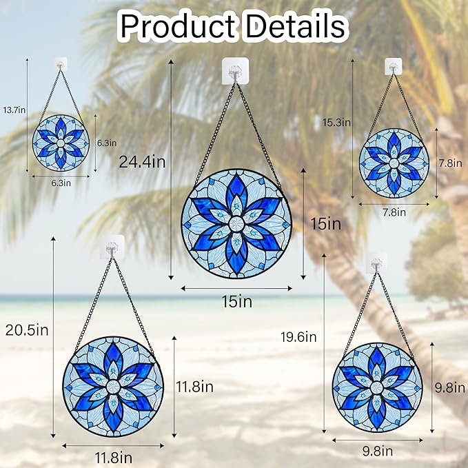 Stained Glass Window Hanging, Blue Tiffany Style Flowers Sun Catcher for Window Door Home Decor Suncatcher Christmas Mother's Day Birthday Gifts for Women Men Mom and Nana 7.8 in