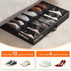 Lifewit Under Bed Shoe Storage Organizer 4 Pack(2x12 Pairs+2x4 Pairs), 4.3" Tall Fabric Shoes Container Box, Foldable Closet Shoe Bag with 2 Reinforced Handles and Clear Cover, Black