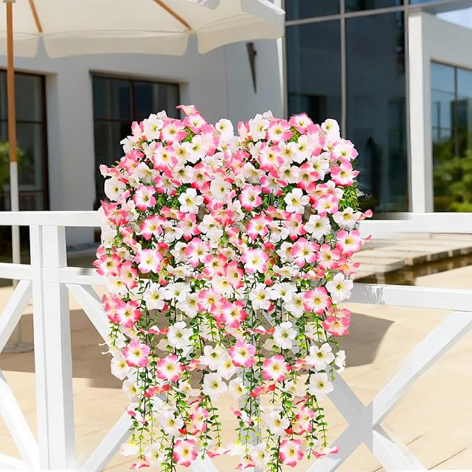 Waipfaru Artificial Petunias Flowers for Outdoors, 2 Pcs UV Resistant Fake Hanging Plants Spring Outside Decor, Faux Silk Flowers Long Trailing Vines for Outdoor Planters Porch Garden (Pink White)