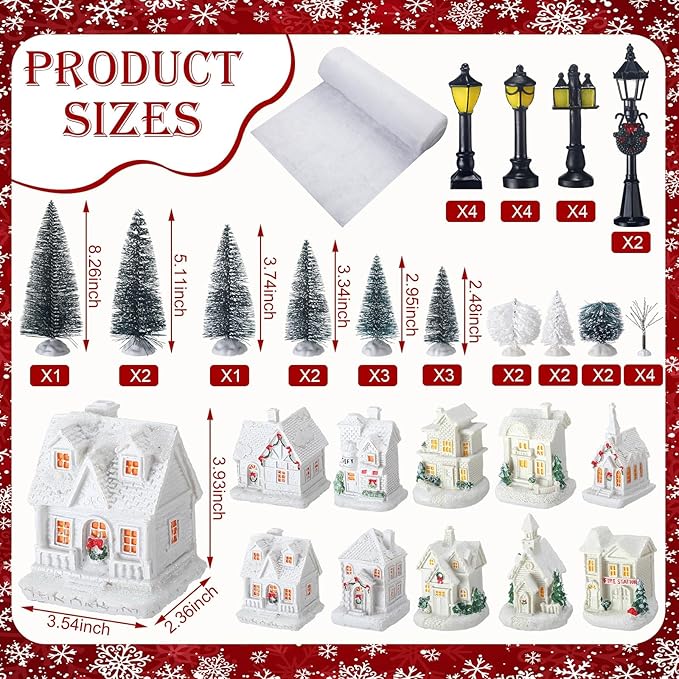 Shappy 48 Pcs Christmas Village Houses Town Buildings Accessories 10 Light up Christmas Village House 12 Mini Trees 12 LED Lights 2 Snow Blanket Box for DIY(Fresh Style)