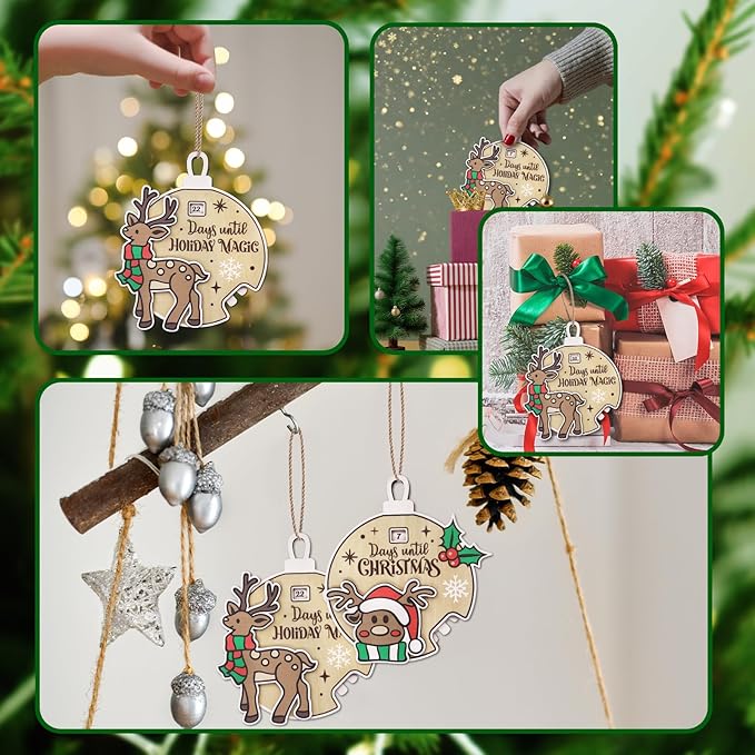 Christmas Reindeer Snowflake Ornaments for Trees Decorations, Wooden Countdown Hanging Pendant Charms Xmas Elk Decorative DIY Craft Hanging Ornaments for Christmas Decorations