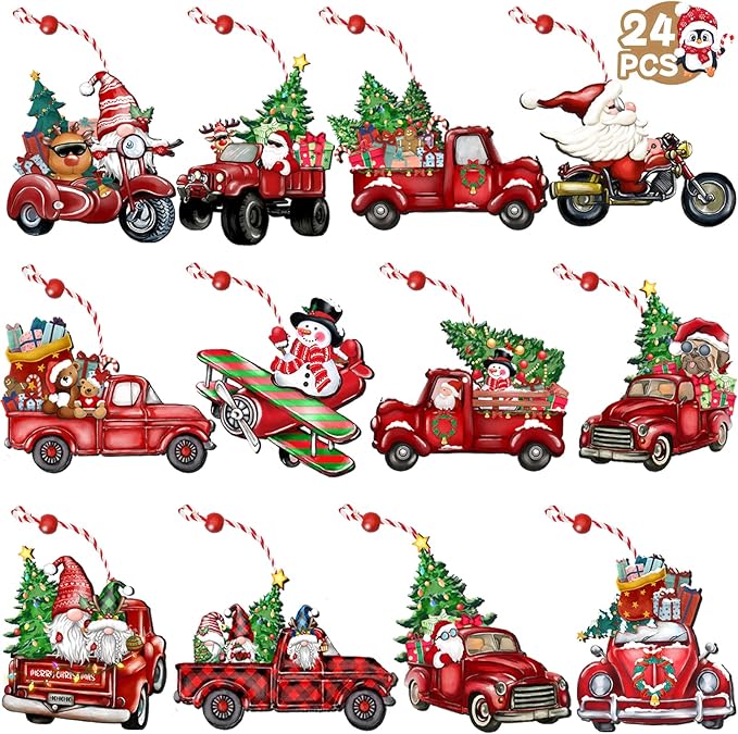 JOPHMO Wooden Christmas Truck Ornaments Red Truck Wooden Hanging Ornaments Wooden Car Crafts with Bead Farmhouse Hanging Decor for Xmas Tree Decoration Holiday Parties Craft Supplies 24 Pieces