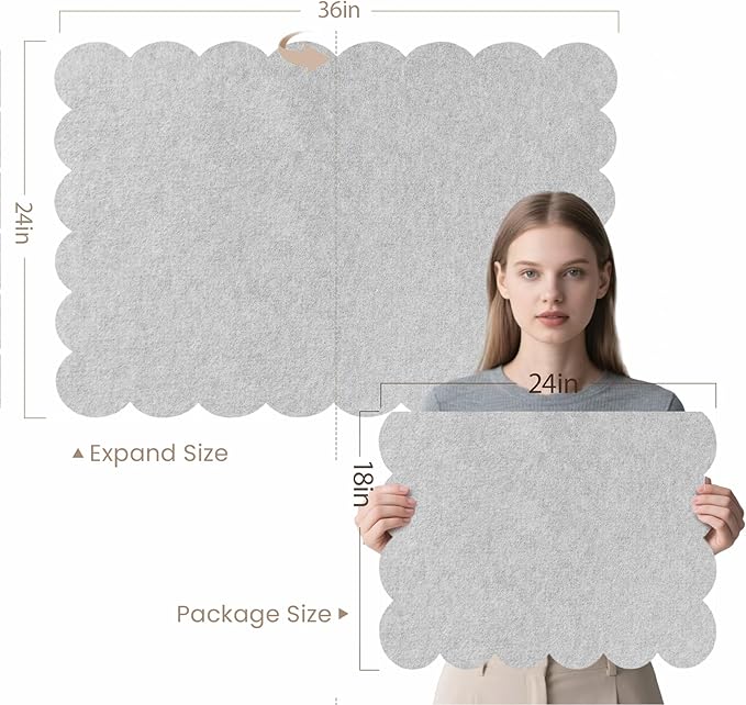Lightomorrow Scalloped Bulletin Board, 36 x 24 Inches Felt Pin Board - Decorative Cork Alternative for Wall, Foldable Picture Self-Adhesive Vision Prayer Board with 20 Pushpins - Light Gray
