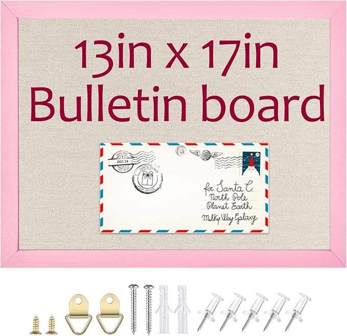 Linen Bulletin Board,13"x17" Pink Wood Frame Bulletin Boards,Beige Linen,Small Pin Board for Home Kitchen Office Decorative(PK-3343)