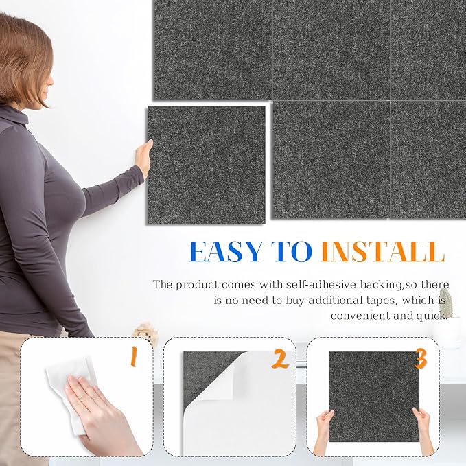 DOLLAR BOSS Felt Cork Board Tiles, 6 Packs 12" x 12" 1/2" Thick Cork Bulletin Board Self Adhesive Corkboards for Walls with 60 Pushpins for Home Office Kitchen School Decor Display, Grey