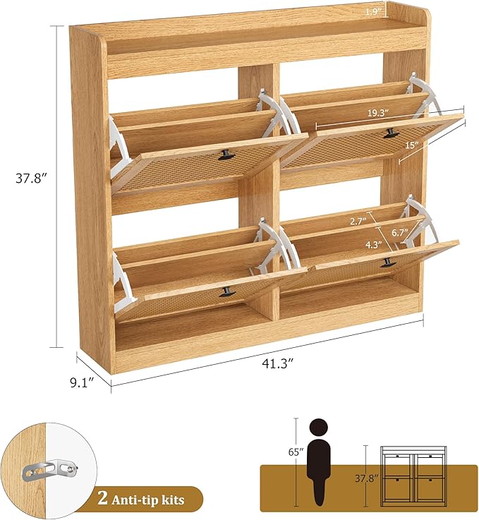 GarveeHome Shoe Cabinet Rattan with 4 Flip Drawers, Wooden Freestanding Shoe Organizer with Adjustable Shelves, Shoe Storage for Entryway, Closet, Hallway