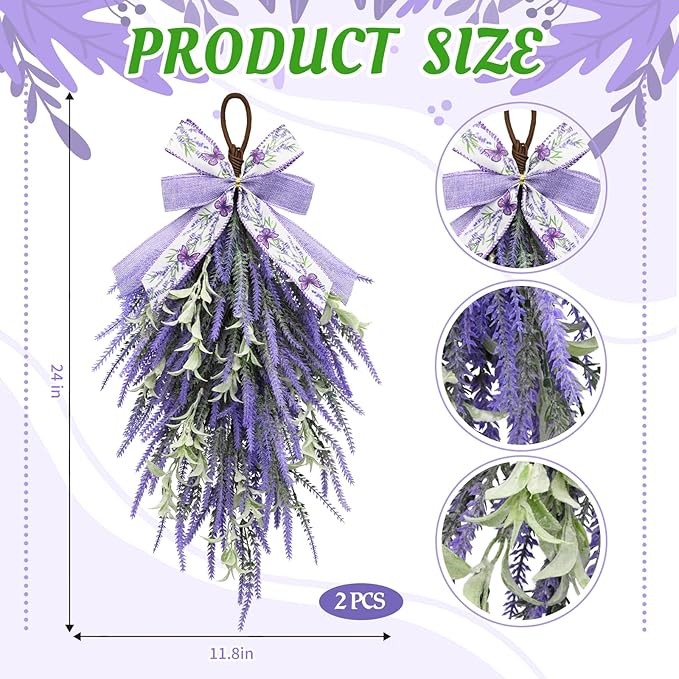nuvagiki Lavender Teardrop Swag, 2 Pack 24 Inch Front Door Swag Wreaths, Spring Summer Rustic Farmhouse Door Decor, Purple Floral Hanging Swag for Porch