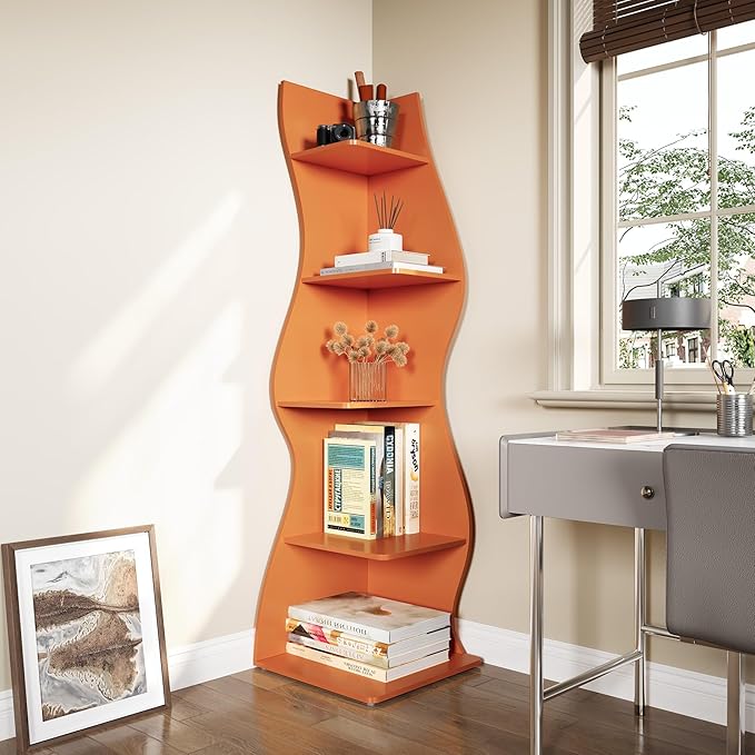 LITTLE TREE Small Corner Shelf, Modern 5-Tier Wall Corner Bookshelf, Stylish Bookcase Storage Rack for Small Space, Living Room, Bedroom