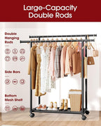 Metal Clothes Rack - Double Rod Clothing Rack with Fixed Design and Rolling Wheels, Coat Rack with Built-In Shelf for Closet Organizers and Storage (38.5" x 16.9" x 59.0", Black)
