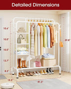 Clothes Rack - Double-Rod Clothing Rack with Built-In Hooks & Shelves, Multi-Functional Wardrobe Closet for Bedroom, Living Room, Entryway, 41.3" x 15.3" x 59.8", White