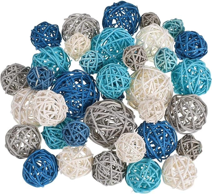 Patelai 36 Pcs Wicker Rattan Balls Decorative Balls for Vase Centerpiece Bowls Orbs Filler for Home Decor,4 Sizes (Dark Blue, Sky Blue, Gray, White,2.4'',2'',1.6'',1.2'')