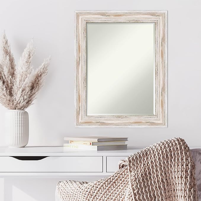 Amanti Art White Wall Mirror 29x23 Alexandria White Wash Rectangle Bathroom Mirror for Wall Decor Living Room, Medium Cottage Wood Frame, Hangs Horizonally and Vertically, Bathroom Decor, Beveled Edge