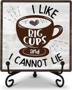 Coffee Bar Decoration, Coffee Decor Sign, I Like Big Cups, Farmhouse Home Kitchen Wooden Plaque with Iron Stand, Coffee Station Decor for Coffee Coner-A10