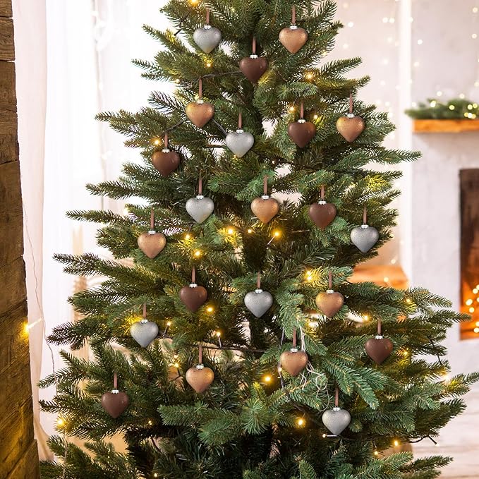 VioraWhite 18 Pcs Valentines Neutral Texture Heart Ornaments Bronze Rustic Heart Shaped Xmas Baubles Ornaments Farmhouse Copper Decorations for Tree Wreath Home Modern Holiday