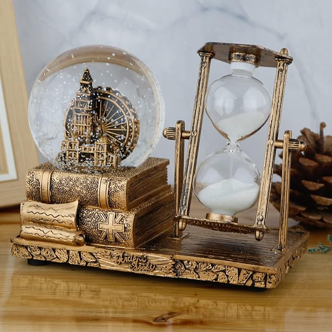 LED MusicCrystal Snow Globe， Sand Timer ，Hourglass,Home Decor,Table Decor for Living Room ，Office Desk Decorations[Brass Ferris Wheel]