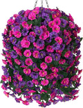 Artificial Fake Flowers Plants Hanging Baskets for Outdoor Outside, Faux Silk Hanging Dark Purple and Fuchsia Morning Glory Trailing Vines UV Resistant Look Real for Porch Patio Home Decoration