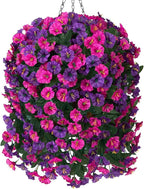 Artificial Fake Flowers Plants Hanging Baskets for Outdoor Outside, Faux Silk Hanging Dark Purple and Fuchsia Morning Glory Trailing Vines UV Resistant Look Real for Porch Patio Home Decoration