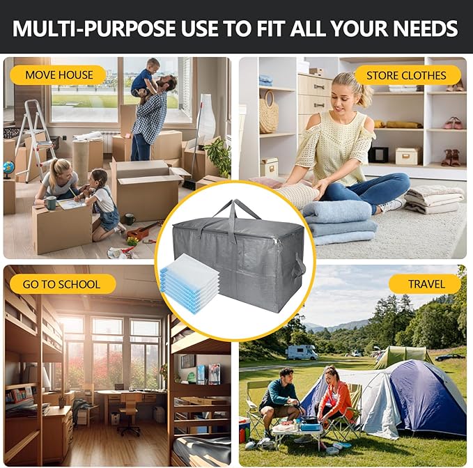 Extra Large Storage Bags Set Heavy Duty Moving Totes with Handles, Waterproof Dual-Way Carrying Design Fold Flat Storage Totes For Effortless Moving, (Gray, 12 Park-2 Moving bag & 10 Vacuum Seal Bags)