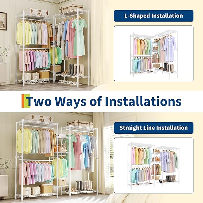 Heavy Duty Garment Rack L Shaped Clothes Rack for Corner,Load 1631LBS,Freestanding Portable Wardrobe Closet Clothing Rack with 7 Adjustable Shelves, 4 Hanging Rods,70.5"H x 85.4"L x 17.4"W
