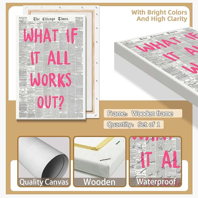 Drimiler What If It All Works Out Poster Retro Newspaper Pink Font Canvas Wall Art Positive Affirming Quote Minimalist Prints Painting For Home Bedroom Dorm Wall Decor 12x16in Wframed