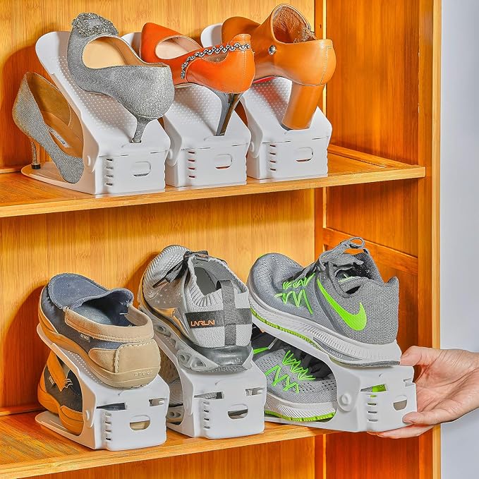 Shoe Slots Organizer, 12PCS Adjustable Double Layer Stack Shoe Rack, 50% Space-Saving Storage Rack Holder, White