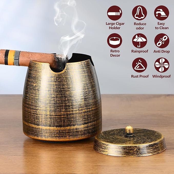 Cigar Ashtray with Lid for Outdoors Outside Patio Home Retro Decor,Large Holder Ashtray Windproof,Cigar Accessories Gifts for Men Dad Husband Boyfriend (X-Large)