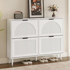 Shoe Cabinet for Entryway with 4 Flip Drawers, Slim Wooden Shoe Storage Organizer with Modern Fluted Pannel，Freestanding Narrow Hidden Shoe Rack for Hallway, Foyer, Living Room