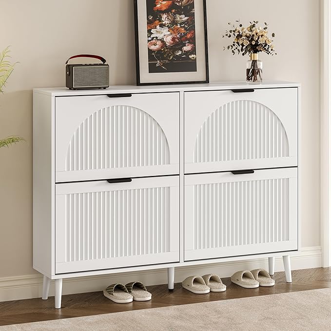 Shoe Cabinet for Entryway with 4 Flip Drawers, Slim Wooden Shoe Storage Organizer with Modern Fluted Pannel，Freestanding Narrow Hidden Shoe Rack for Hallway, Foyer, Living Room