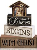 Moucuny 4 Pcs Christmas Table Decoration Christian Wooden Stacked Block Decor, Christmas Begins with Christ Signs with Nativity Scene Topper, Rustic Religious Xmas Tiered Tray Decor for Home Church