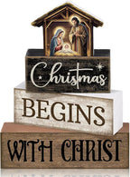 Moucuny 4 Pcs Christmas Table Decoration Christian Wooden Stacked Block Decor, Christmas Begins with Christ Signs with Nativity Scene Topper, Rustic Religious Xmas Tiered Tray Decor for Home Church