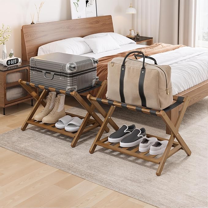 Smuxee Fully Assembled Black Walnut Luggage Racks Pack of 2, Upgraded Bamboo Foldable Suitcase Stand with 5 Nylon Straps, Luggage Holder with Shelf for Guest Room Bedroom Hotel