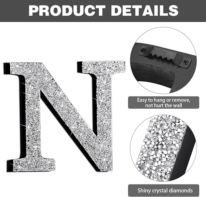 Qunclay 5.7" Silver Crystal Diamond Bling Letters Crushed Diamond Decoration Wooden Glitter Letter with Screw and Hooks Rhinestone Gift for Wedding Y2k Mcbling Bedroom Wall Decor (Letter N)