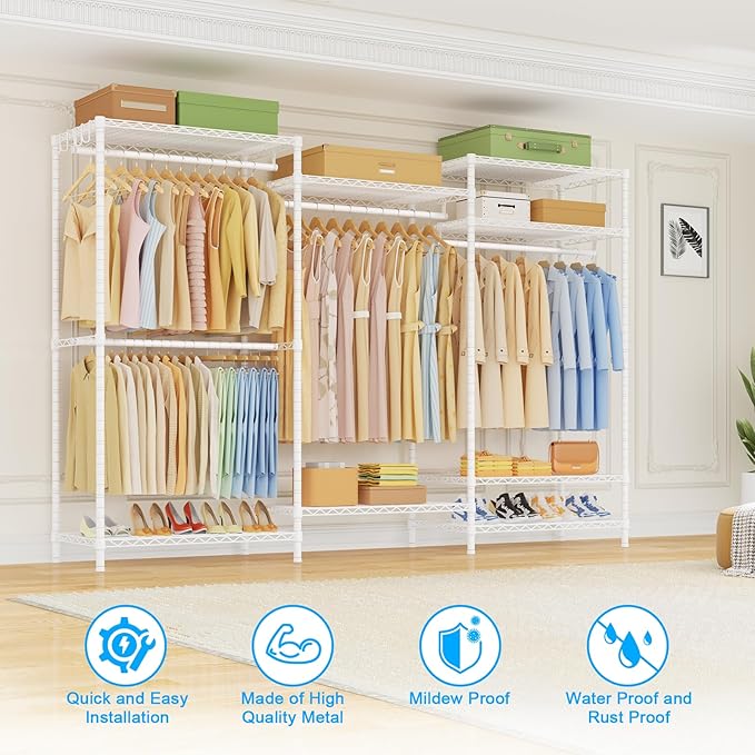 Ulif E13 Pro Heavy Duty Clothes Rack（With 4 Hanger Rods & 8 Shelves） Freestanding Clothing Racks for Hanging Clothes，Adjustable Closet，Metal Garment Rack 75" W x16 D x77 H，Max Load 1000LBS，White