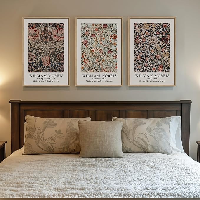 Framed William Morris Canvas Wall Art Set of 3, Vintage Boho Floral Paintings Prints, Rustic Farmhouse Botanical Artwork for Living Room, Bedroom, Hallway or Office, 16x24 Inch