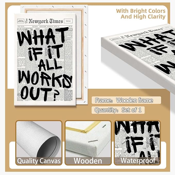 Drimiler Retro Black And White Newspaper Poster What If It All Works Out Canvas Wall Art Positive Affirming Quote Minimalist Prints Painting For Home Bedroom Dorm Wall Decor 16x24in Wframed