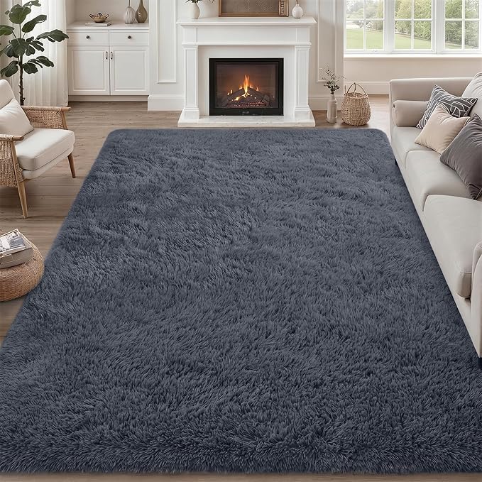 8x10 Area Rugs for Living Room Bedroom: Ultra Soft Fluffy Shag Rug Upgrade Non-Slip Non-Shedding Large Fuzzy Plush Carpet Indoor Floor Carpets for Kids Room Playroom Nursery Dorms Home Decor Grey