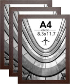 KTKDE A4 Picture Frame Set of 3,Walnut Wooden Photo Frame for Certificate Poster and Photo, Horizontal or Vertical Formats 8.3x11.7 Frame with Shatter Resistant Plexiglass Home Decor best gift