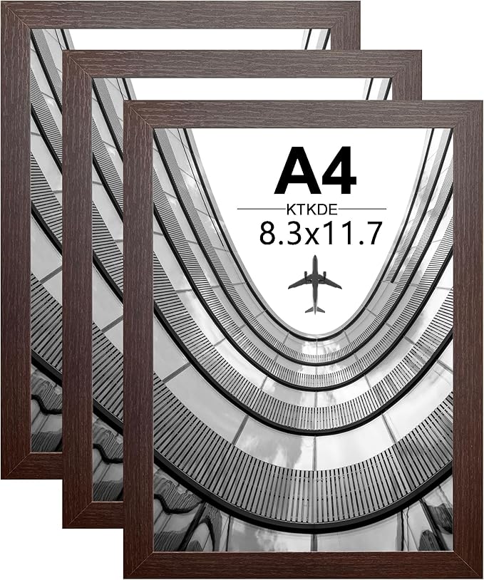 KTKDE A4 Picture Frame Set of 3,Walnut Wooden Photo Frame for Certificate Poster and Photo, Horizontal or Vertical Formats 8.3x11.7 Frame with Shatter Resistant Plexiglass Home Decor best gift