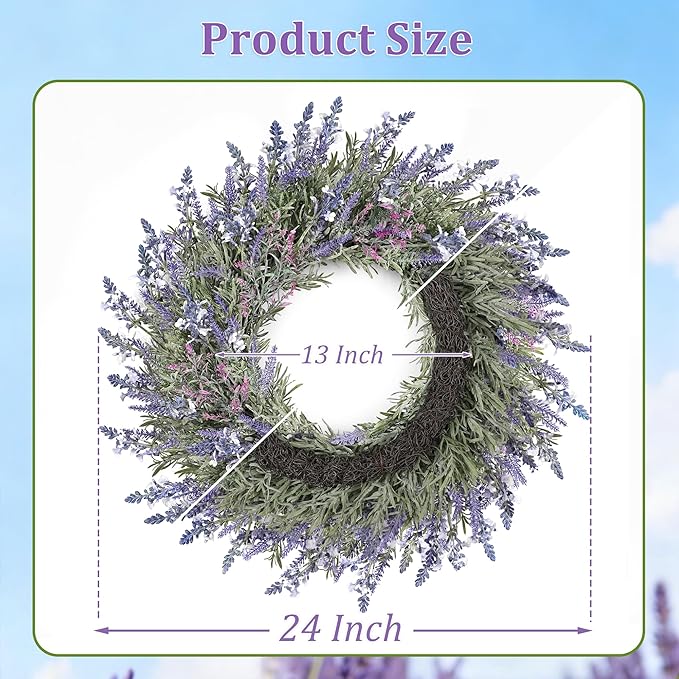 Large Summer Wreaths for Front Door Lavender Wreath for Front Door Spring Easter Artificial Farmhouse Wreaths for Wall Window Party Wedding Porch Room Home Decor(24 Inch)