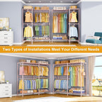 E15 Garment Rack L Shaped Clothes Rack for Corner，Freestanding Clothing Racks for Hanging Clothes，Heavy Duty Closet Organizer with 4 Hanging Rods & 8 S Hooks，43.4" W x 15.8" D x 78.4" H，Pink