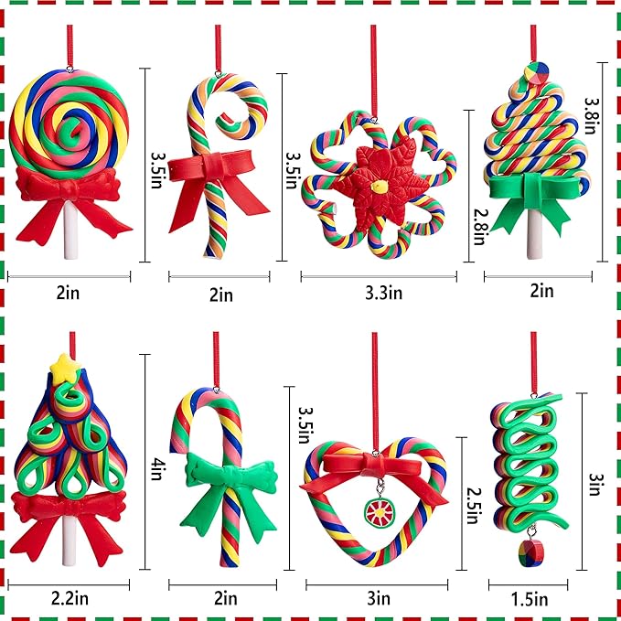 Codree 8 Pcs Rainbow Candy Cane Lollipop Ornaments - Hanging Polymer Clay Decorations for Christmas Tree, Xmas Party