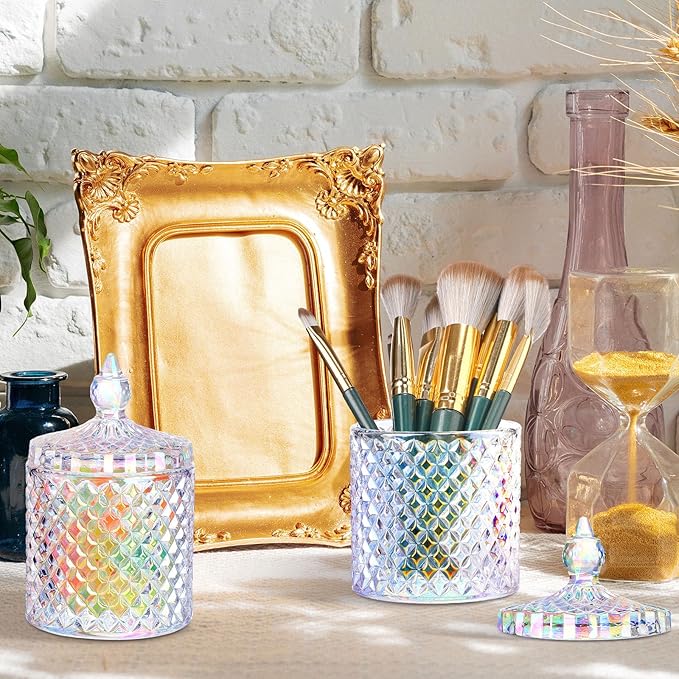 Aoriher 4 Pcs Crystal Glass Candy Jar Set with Lids Home Decorative Storage Jars for Apothecary, Bathroom, Kitchen, and Pantry, Ideal for Cotton Swabs and Jewelry(Medium,Rainbow)