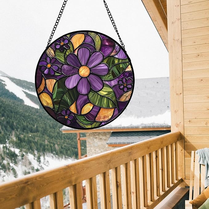 Stained Glass Window Hanging, Purple Green Flowers Sun Catcher for Door Home Decor Plants Suncatcher Christmas Mother's Day Birthday Gifts for Women Men Mom and Nana 11.8 in