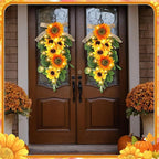Lyrow 4 Pcs Cordless Prelit Christmas Sunflower Artificial Swags 24" Stairway Teardrop Trim Swag with Timer Christmas Staircase Decoration Battery Operated Garland for Indoor Outdoor Railing Decor