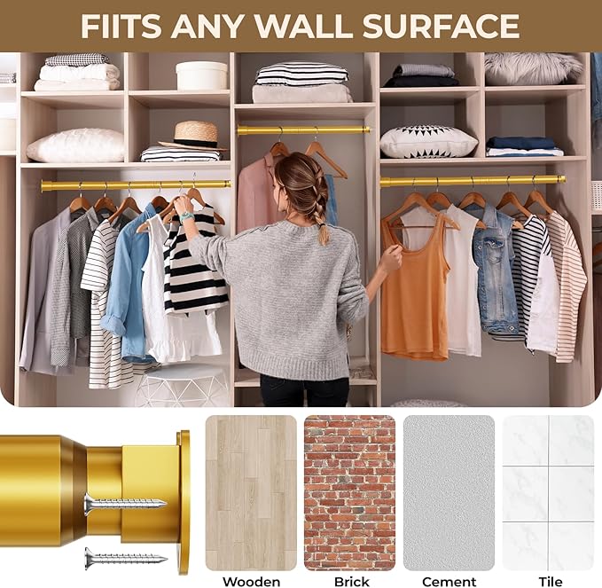 Mavivegue Closet Rod, 17 to 70 Inch Gold Adjustable Closet Rods for Hanging Clothes, Hanging Rod for Closet Wardrobes Laundry RV, Bathroom