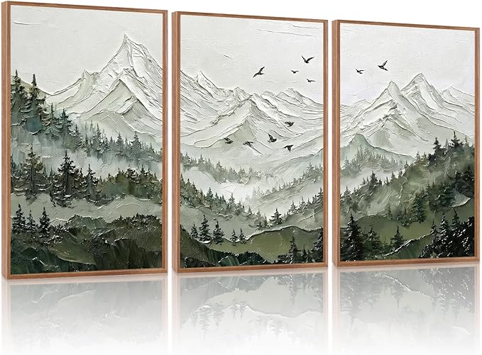 KAlRNE Natural Mountain Framed Canvas Wall Art Set of 3(16”X24”),Textured Sage Green Wall Decor,Neutral Watercolor Forest Picture Snowy Landscape Art Prints For Living Room Bedroom Office